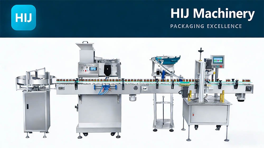 Complete automated capsule packing line showing bottle unscrambler, electronic capsule counter, automatic capper, and labeling machine integrated into a seamless production flow