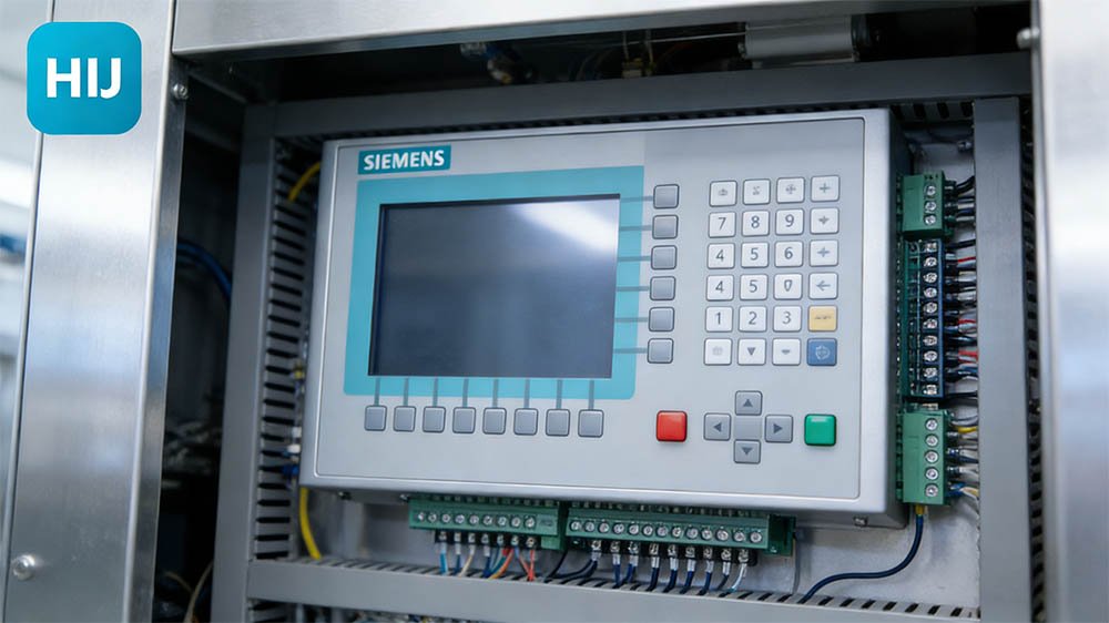 Close-up of a Siemens PLC control panel inside a HIJ machine
