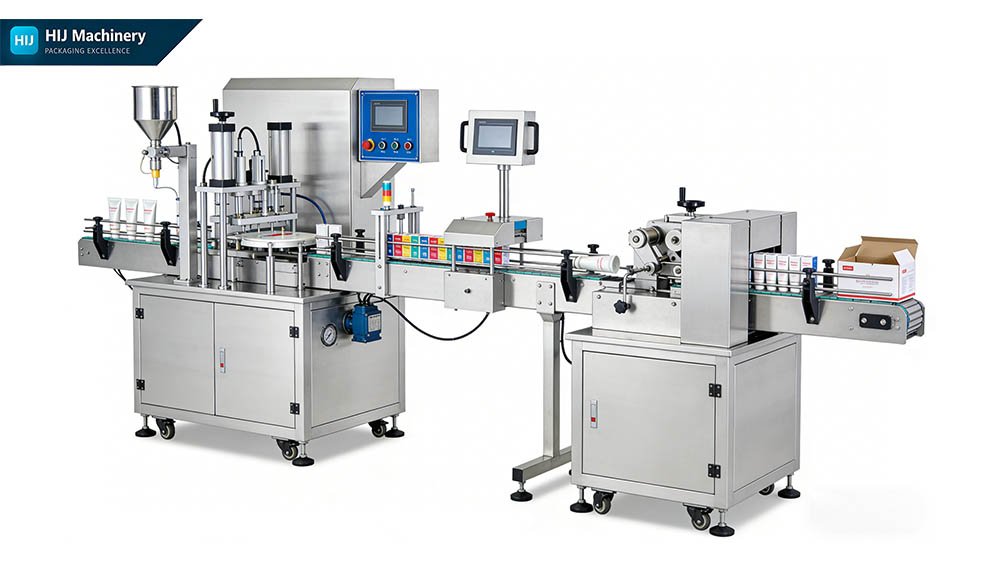 Cosmetic packaging line for creams and lotions with automatic tube filling, sealing, labeling, and cartoning machines integrated for high-speed production