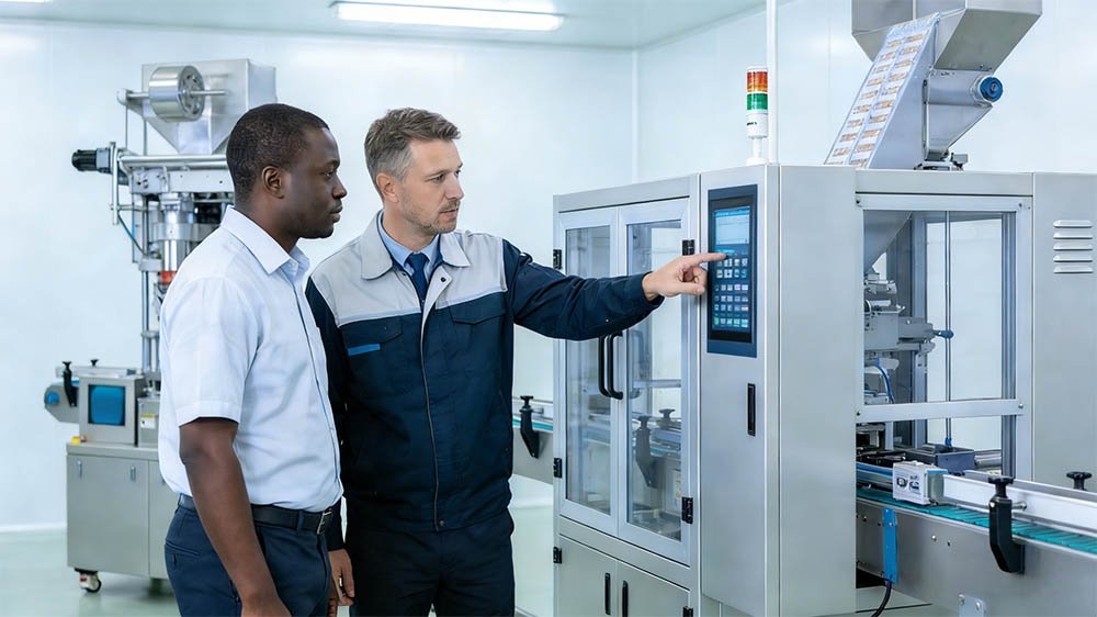 HIJ engineer providing professional installation and training support in client's pharmaceutical cleanroom for blister packing machine and cartoning machine