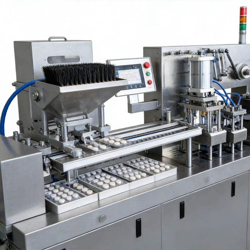 Automated brush-type feeding station placing tablets into blister cavities on pharma blister packing machine