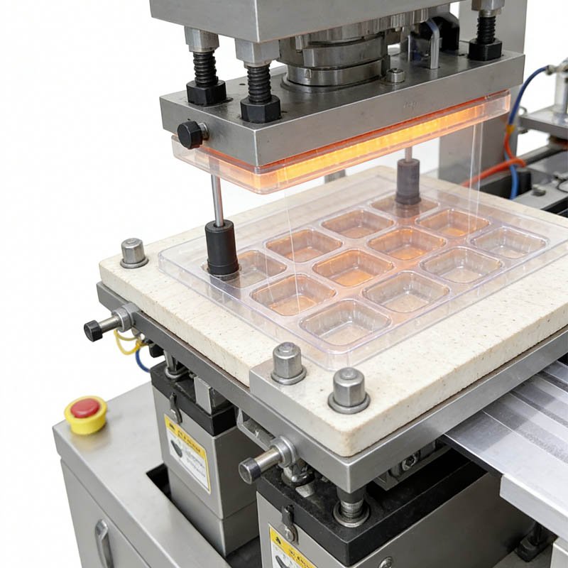 Thermoforming blister forming station showing PVC/PET film being shaped into cavities