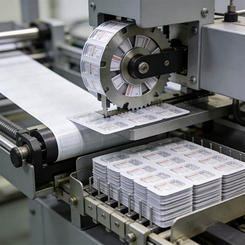 Die cutting station with rotary punch tooling on blister packaging machine showing cutting registration