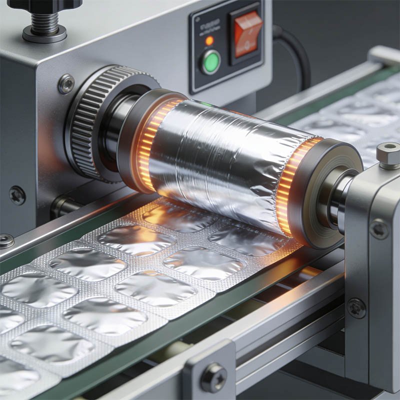 Sealing station with heated rollers pressing aluminum lidding onto blister packs