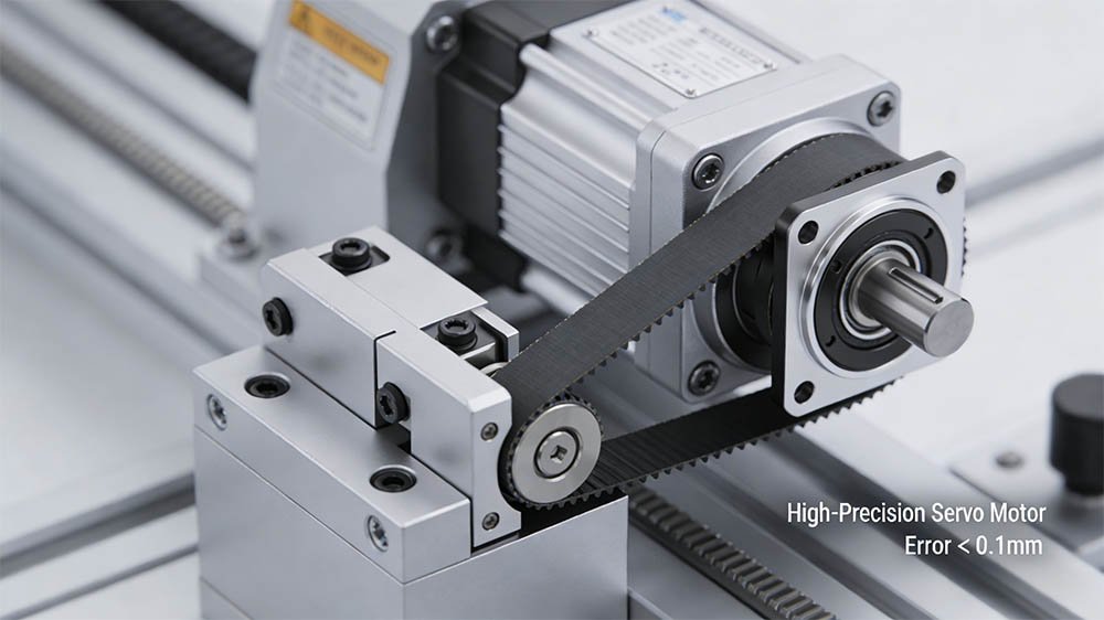 Detailed shot of a high-precision servo motor integrated into the drive system of a HIJ packaging machine.