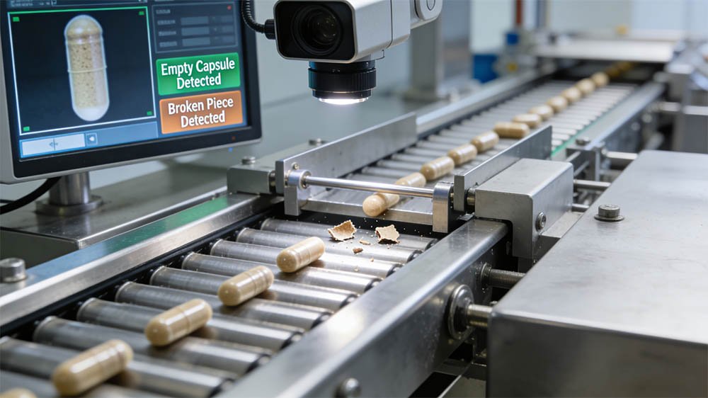 Visual inspection system showing diverse pharmaceutical products packaged in blisters