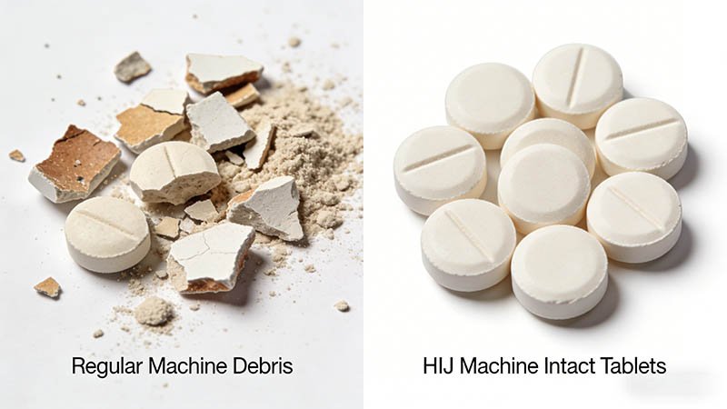 Comparison: Debris from regular machine vs intact tablets from HIJ machine