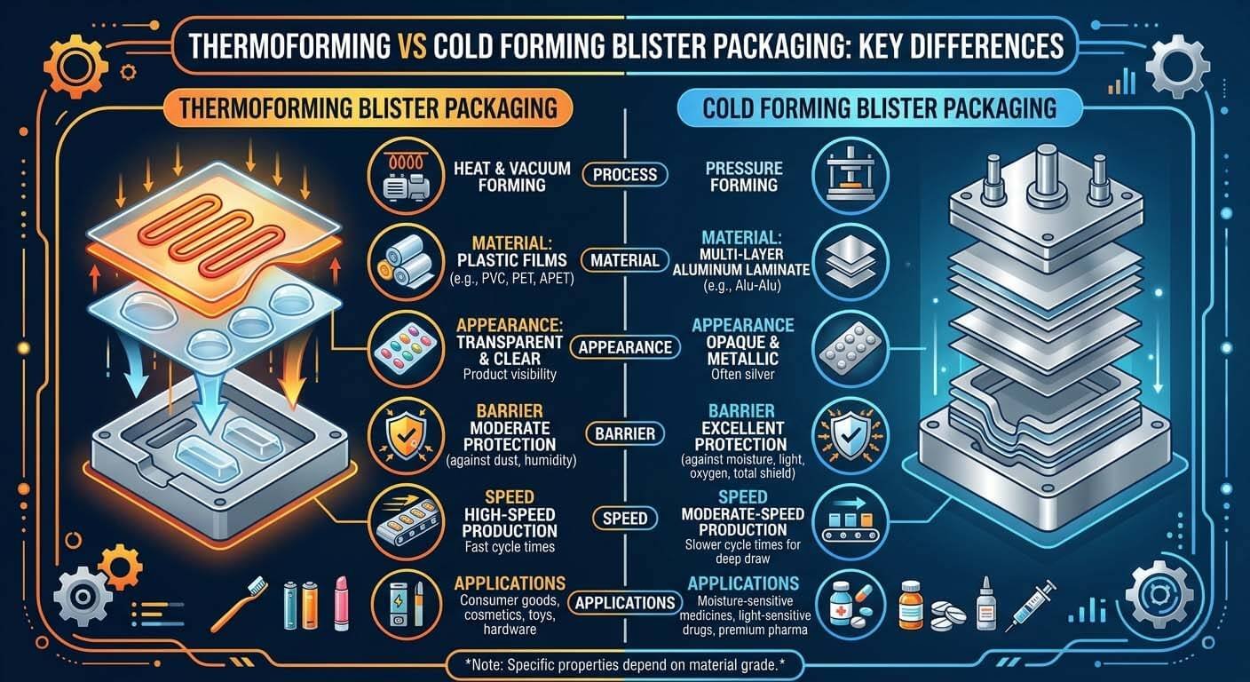 Technical comparison of thermoforming PVC blister packaging versus cold-form Alu-Alu blister packaging — key engineering differences relevant to EU Annex 1 and ATEX compliance