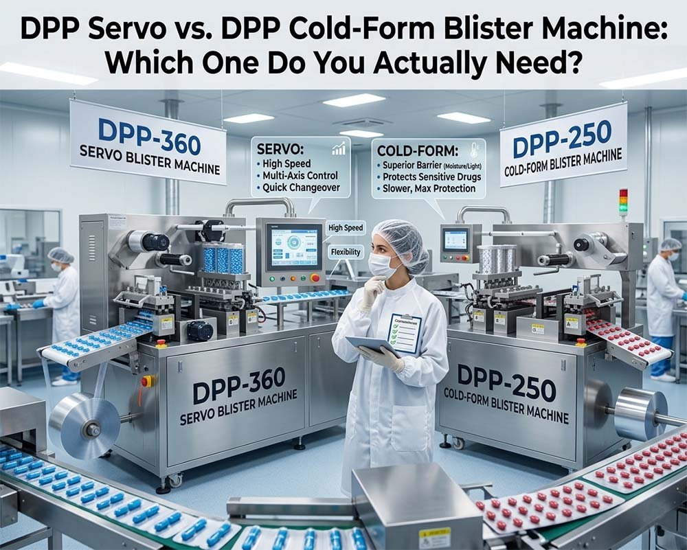 Comparison of DPP servo thermoforming blister machine versus cold-form Alu Alu blister machine specifications for pharmaceutical packaging selection