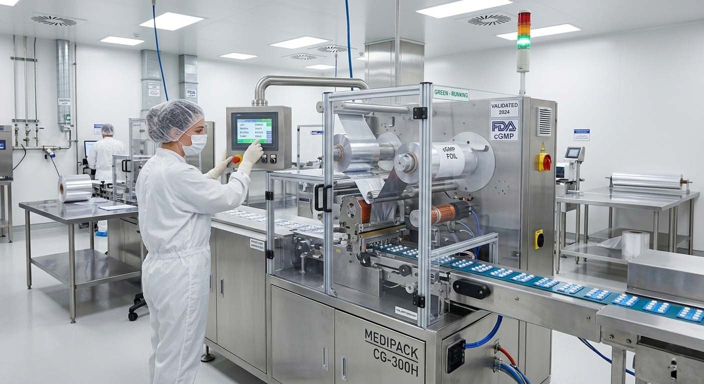 FDA cGMP compliant blister packaging machine on a pharmaceutical production floor