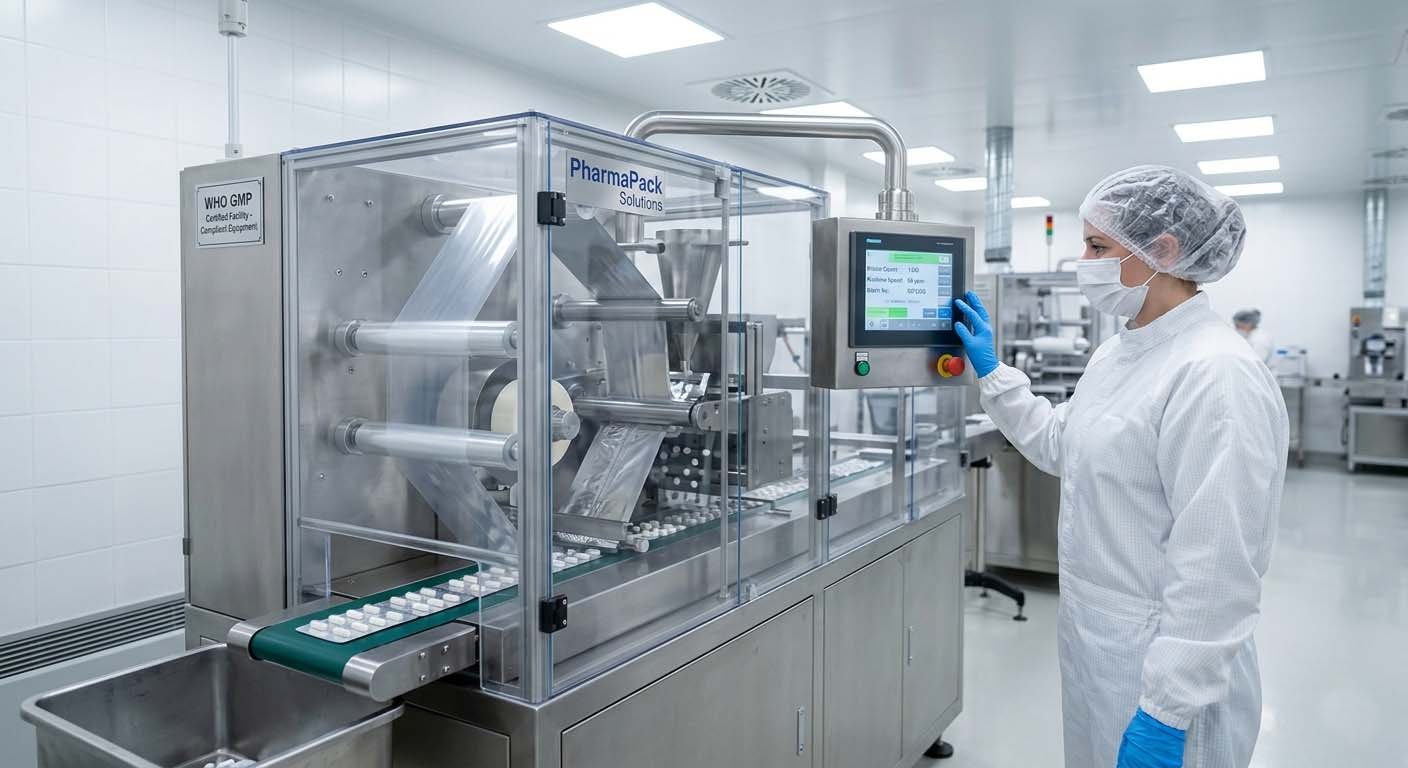 Pharmaceutical cleanroom operator running a GMP-certified blister packaging machine under WHO audit conditions