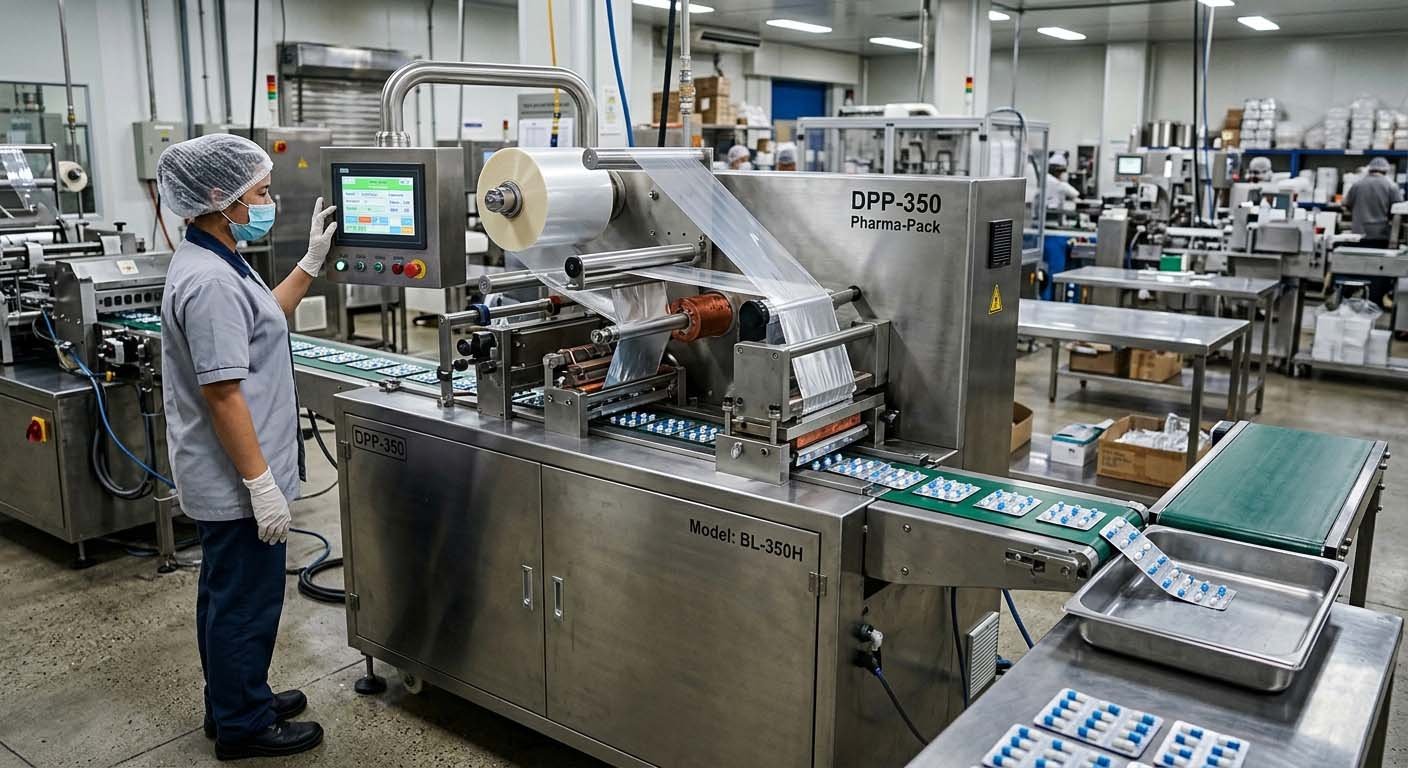 Pharmaceutical blister packaging machine in operation showing forming station, product feeding, sealing station and die-cutting in a GMP-compliant pharmaceutical cleanroom