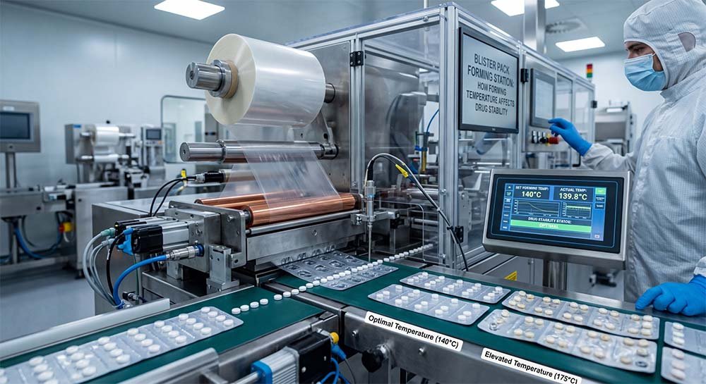 OQ temperature mapping test on Alu Alu blister machine sealing station — 9-point thermocouple grid validation