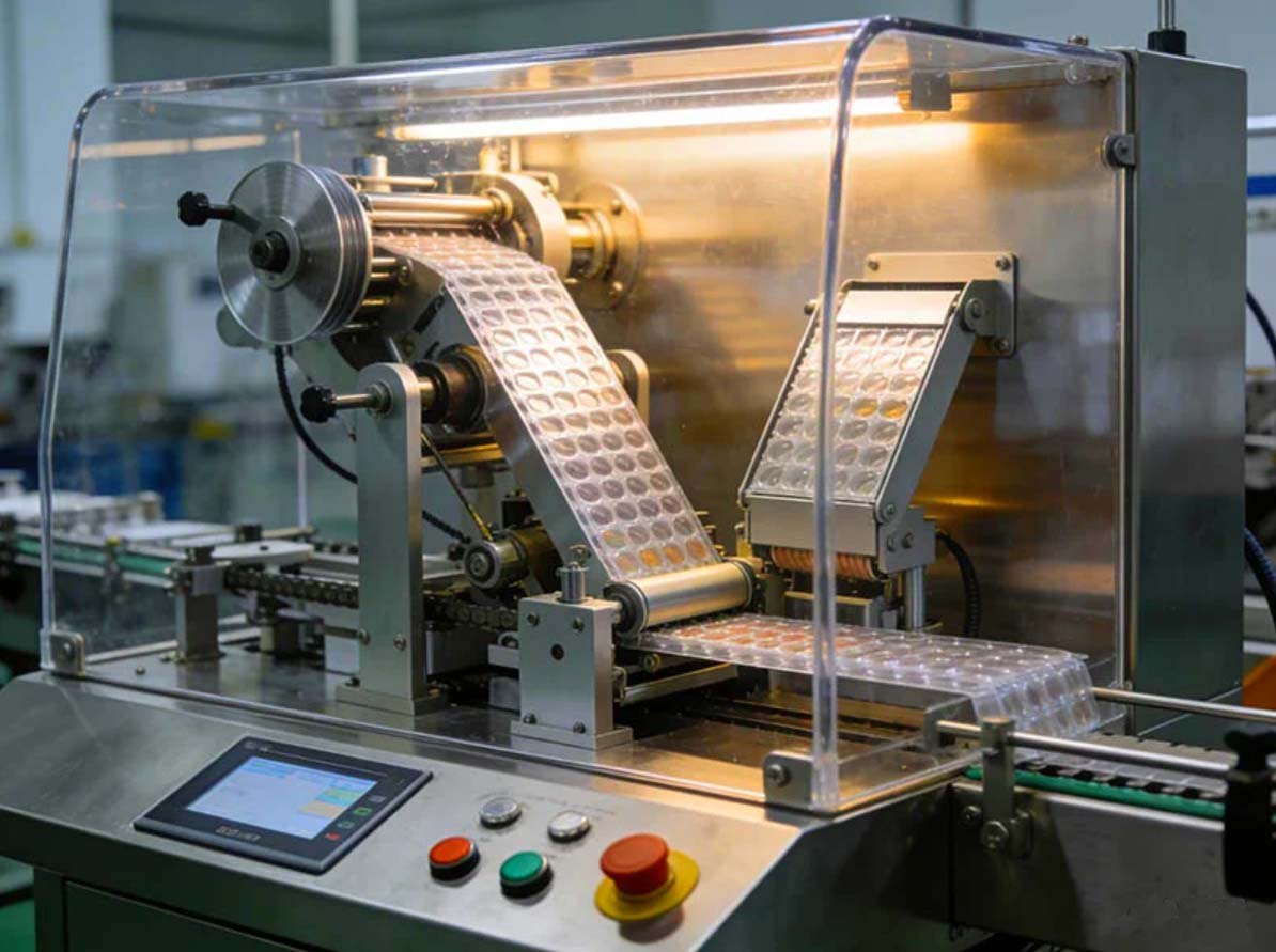 High-resolution view of liquid blister pack machine sealing pharmaceutical syrup unit-dose cavities