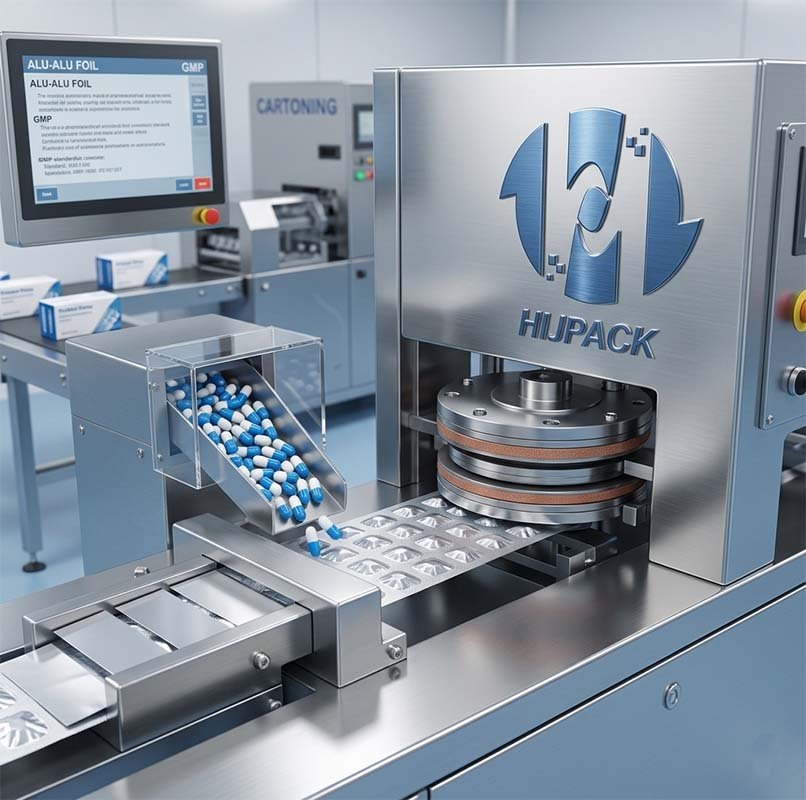 High-precision Alu-Alu blister packaging machine by HIJPACK, showing capsules being packed into cold-formed aluminum foil in a WHO GMP certified pharmaceutical facility.