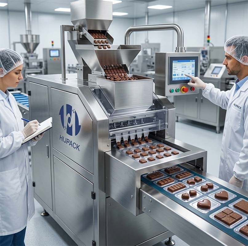 A professional HIJPACK chocolate blister packing machine in operation, featuring a stainless steel automatic feeder filling chocolate bars into transparent blister trays in a food-grade facility.