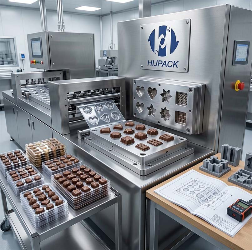 A high-resolution photo of a HIJPACK blister packaging machine set up with custom complex molds, simultaneously sealing heart-shaped, star-shaped, and multi-cavity geometric chocolate pralines into transparent trays. A clean laser measurement tool and mold blueprint are visible nearby.