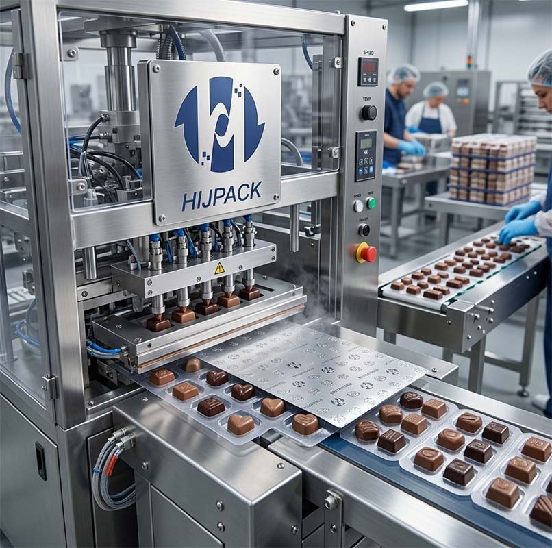A visual introduction to chocolate blister packaging, showing the automated sealing of various shaped dark chocolates into clear plastic trays using a HIJPACK machine.