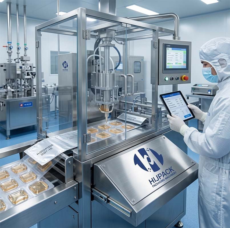 A pharma-grade HIJPACK liquid blister packaging machine in a sterile cleanroom, showing a technician using a tablet for digital batch tracking and a clear view of the deep-draw filling station.