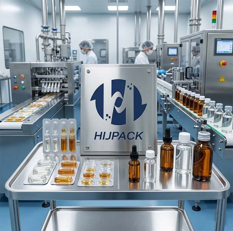 A side-by-side comparison of liquid blister packaging and bottle filling lines in a HIJPACK factory, showcasing unit-dose blisters and various glass/plastic bottles for pharmaceutical and food use.
