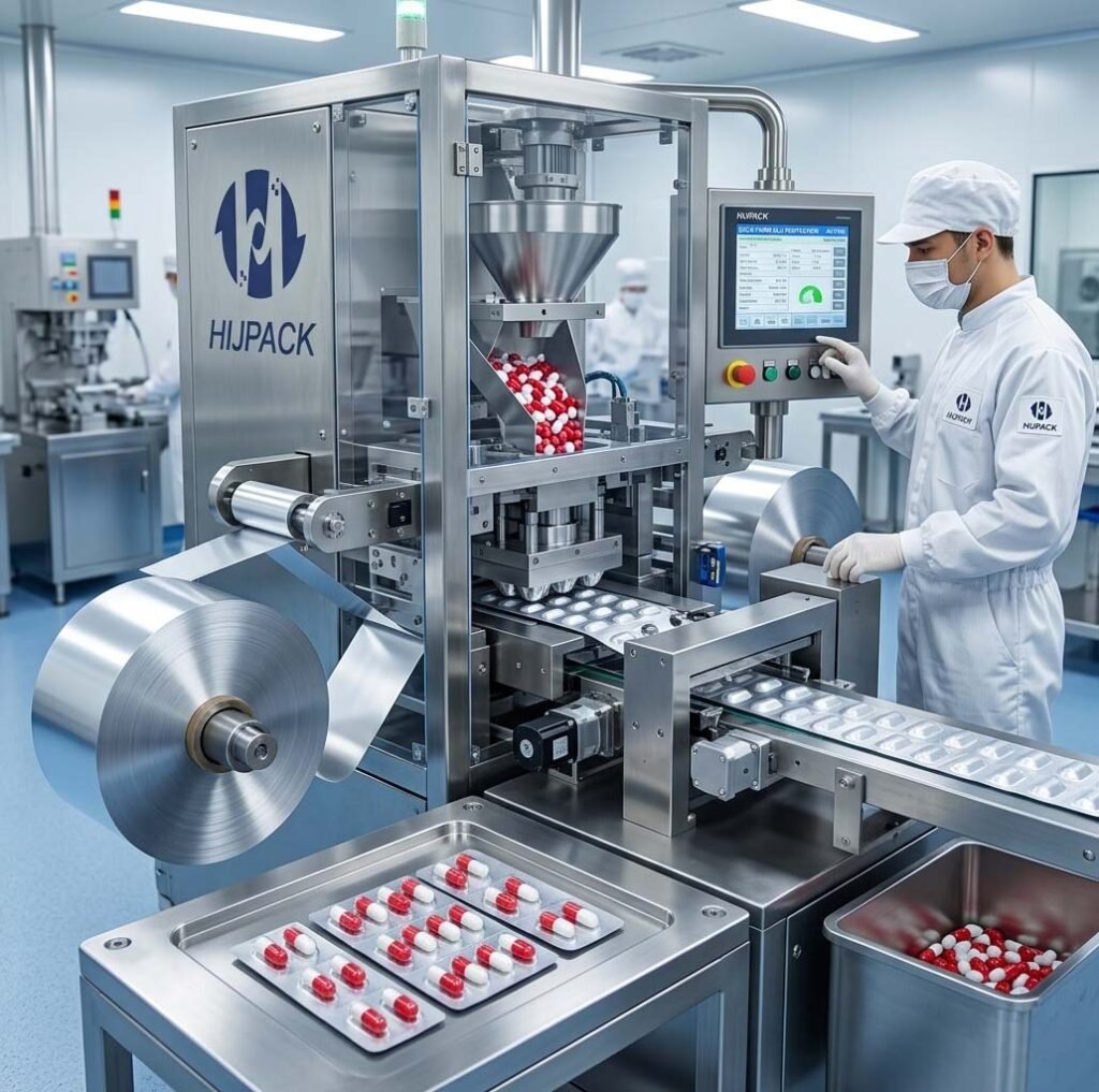A HIJPACK pharmaceutical machine processing Alu-Alu cold-form blister packs with silver aluminum foil in a sterile cleanroom.
