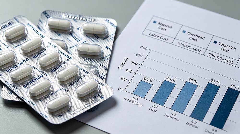 A bar chart comparing material, labor, and overhead costs next to finished pharmaceutical blister packs to determine the blister packaging cost per unit.