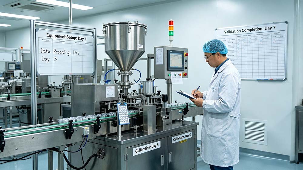 Professional technician in a pharmaceutical cleanroom documenting a 7-day blister packaging line validation timeline, featuring stages for setup, data recording, and calibration.