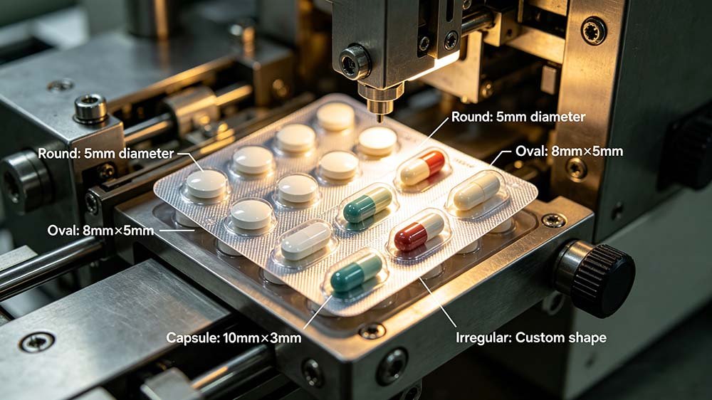 Technical close-up showing blister packaging machine pill size compatibility for round, oval, capsule, and irregular tablet shapes with labeled dimensions.