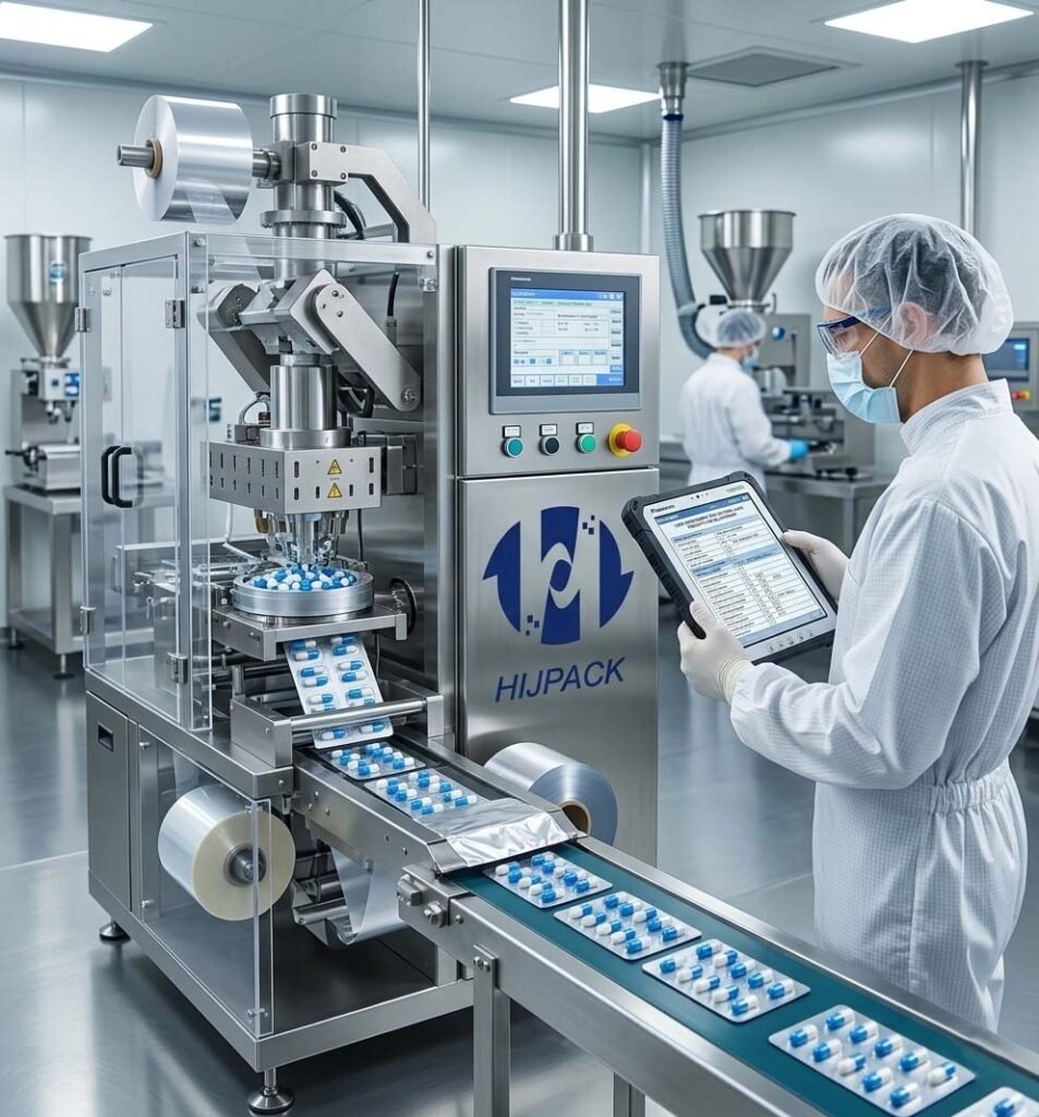 A pharmaceutical blister packaging machine (Model BMP-250) actively processing blue and white capsule packs on a conveyor in a sterile cleanroom facility. A masked and gowned technician is monitoring the control panel.