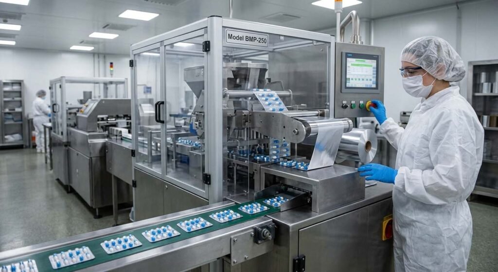 A pharmaceutical blister packaging machine (Model BMP-250) actively processing blue and white capsule packs on a conveyor in a sterile cleanroom facility. A masked and gowned technician is monitoring the control panel.