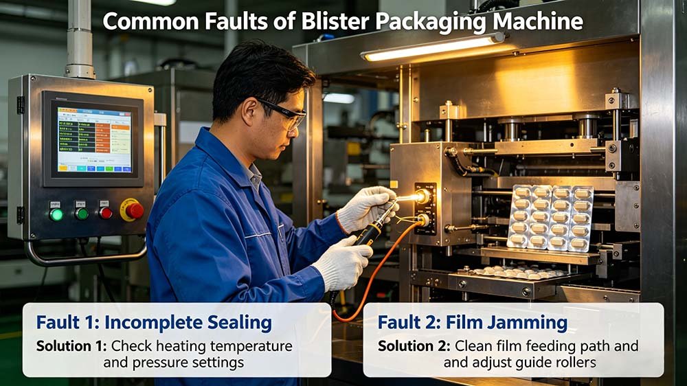 A professional technician performing diagnostics to solve blister packaging machine problems and solutions in a cGMP facility。