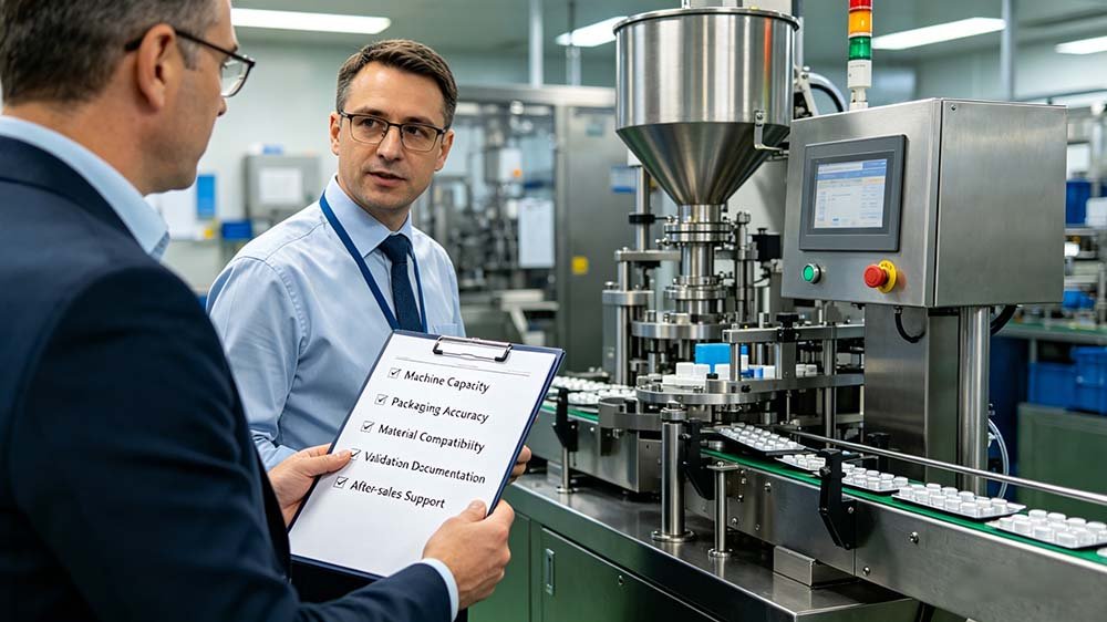 A professional buyer reviewing a blister packaging machine supplier evaluation checklist next to an automated production line.