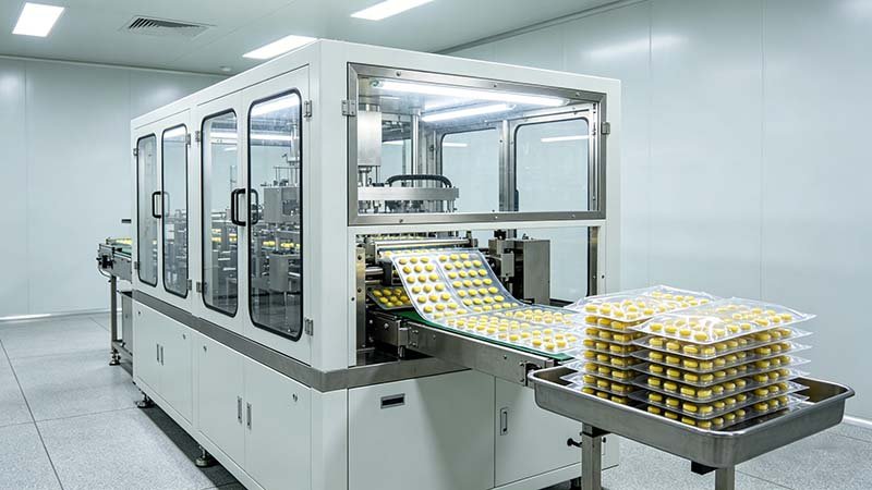 A high-speed blister packing machine in a cleanroom, illustrating how blister packaging ensures tablet stability against moisture.