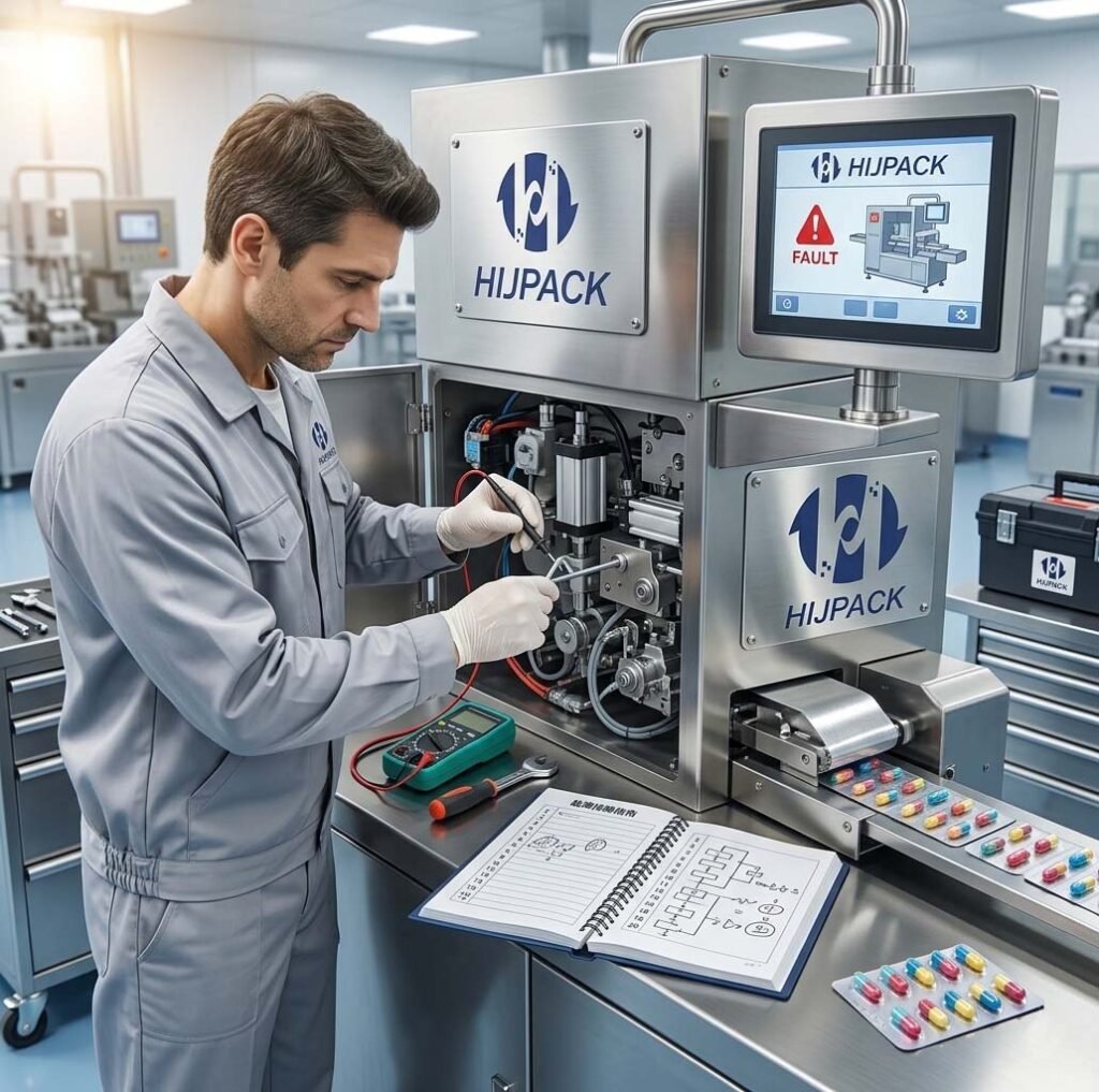 A pharmaceutical blister packaging machine actively processing light blue capsules in a sterile GMP cleanroom. A female operator in full protective gear controls the HMI screen.