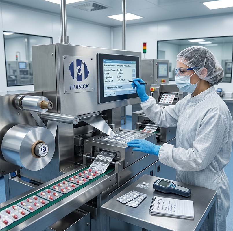 A pharmaceutical blister packaging machine actively processing light blue capsules in a sterile GMP cleanroom. A female operator in full protective gear controls the HMI screen.