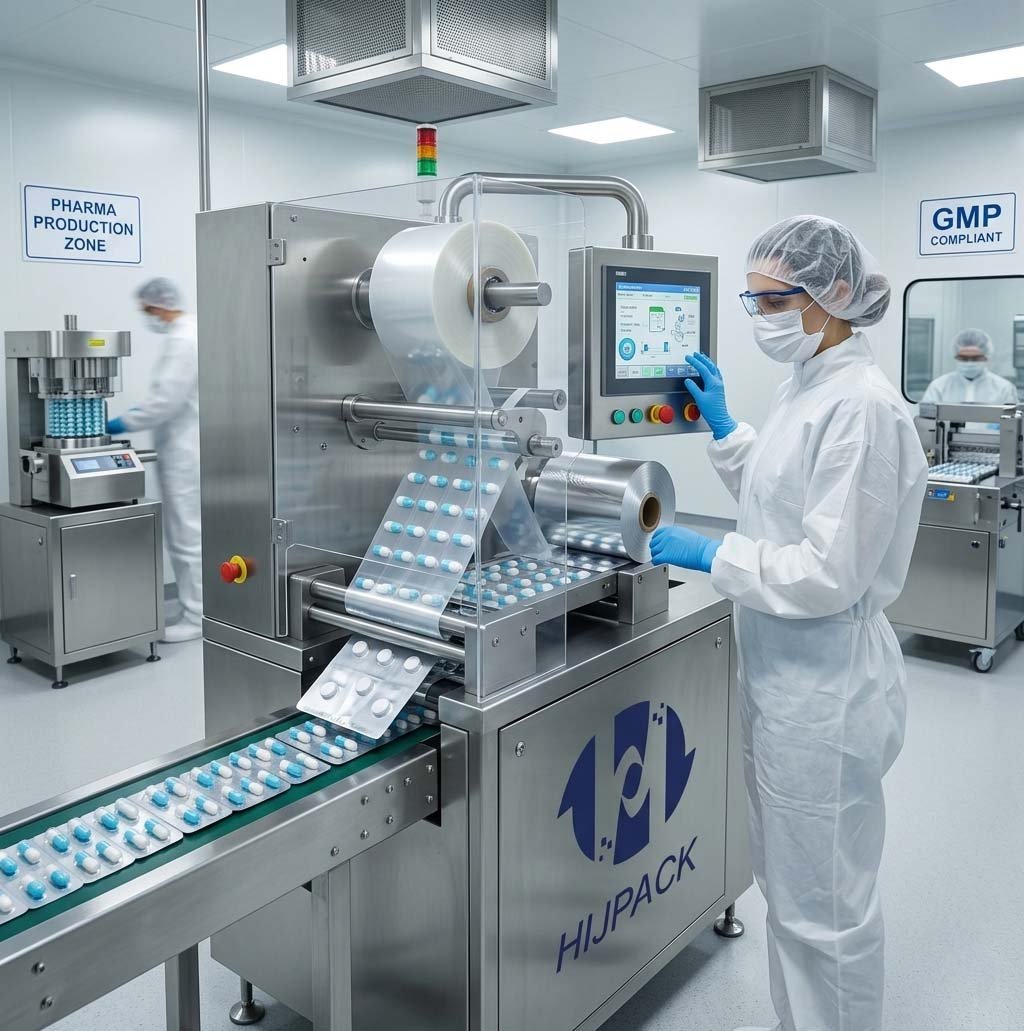 Blister packaging machine for tablets and capsules in a cGMP-certified pharmaceutical production facility