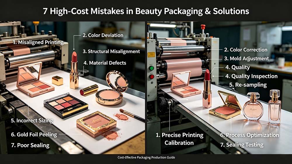 A side-by-side infographic comparing cosmetic packaging mistakes like misaligned printing and poor sealing with technical solutions like precise calibration and testing.