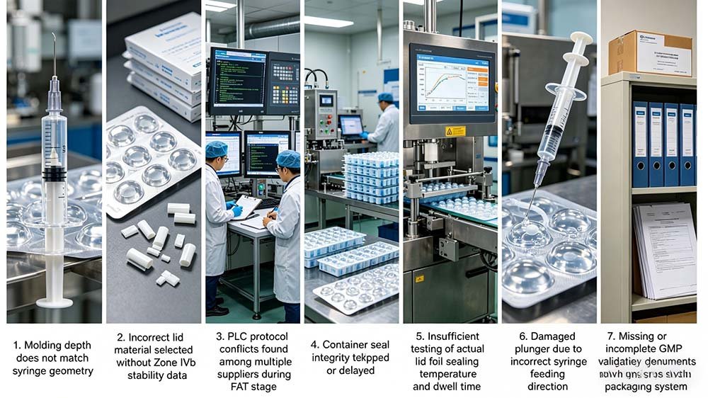 A 7-panel infographic illustrating critical syringe blister packaging mistakes, including incorrect molding depth, poor feeding direction, and sealing issues.