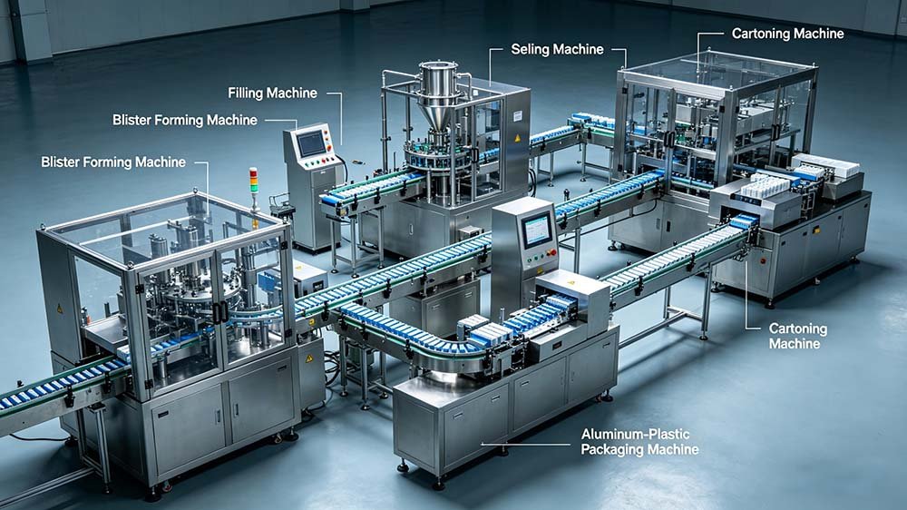 A fully integrated turnkey pill blister packaging line featuring a blister machine connected to an automatic cartoner in a sterile facility。 2. Overview of a professional turnkey pill blister packaging line showing the synchronized workflow from blister forming to final packaging。