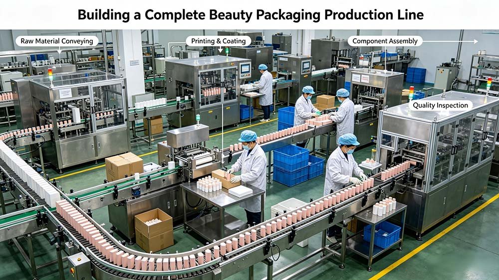 A professional cosmetic packaging line setup in a cleanroom environment, showing the integrated flow from raw material conveying to final quality inspection.