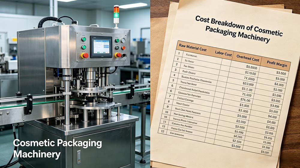 A 4-panel infographic detailing the cosmetic packaging machine price breakdown, including machine type, volume, and quality levels.