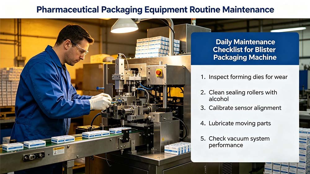 A structured data table illustrating a blister packaging machine maintenance checklist divided into daily, weekly, and monthly intervals for pharmaceutical equipment.