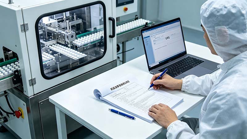 A pharmaceutical engineer drafting a detailed URS for a tablet blister packing machine in a cleanroom environment.
