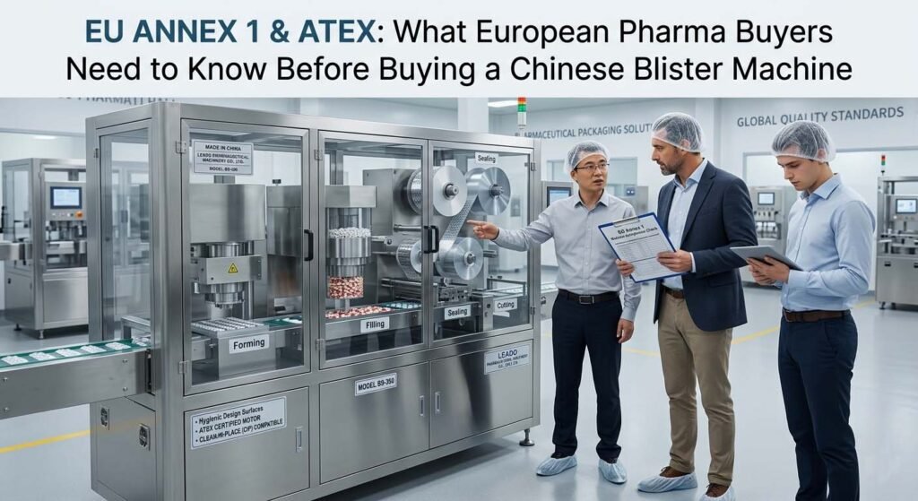 A Chinese technical expert explaining EU Annex 1 and ATEX compliance to a European pharmaceutical buyer at a factory. They are standing in front of a stainless steel blister packaging machine labeled with "Hygienic Design" and "ATEX Certified."