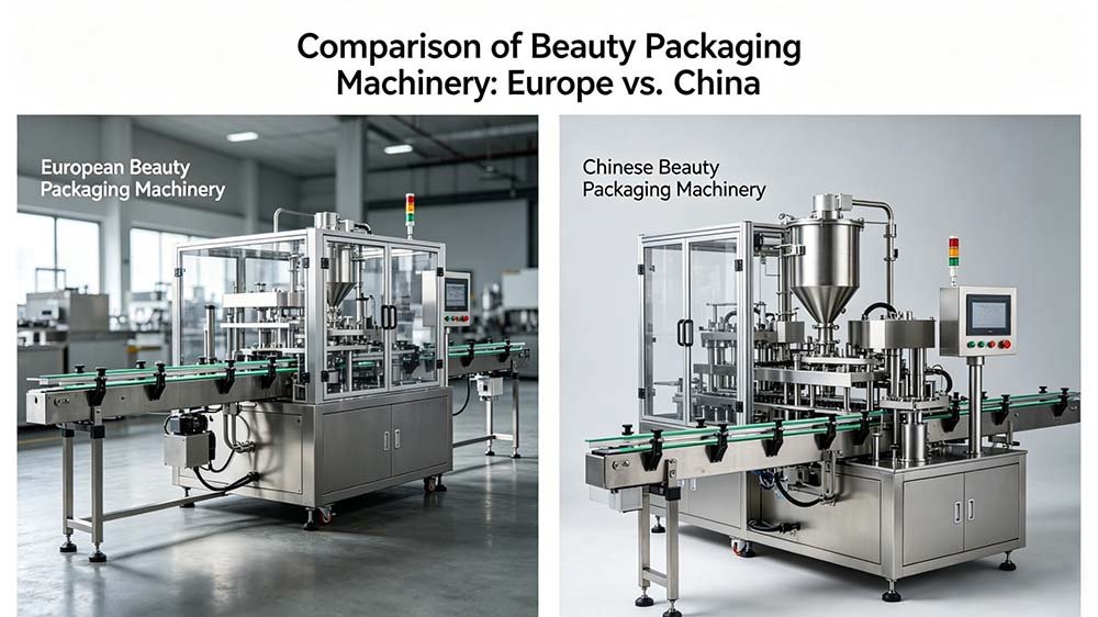 A side-by-side visual comparison of a European cosmetic packaging machine and a Chinese cosmetic packaging machine in industrial settings.