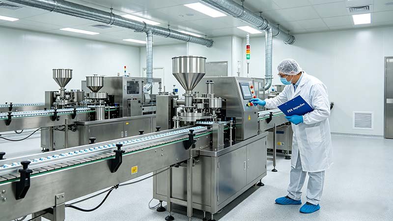 A professional engineer performing a compliance check on a tablet blister packaging line during a simulated FDA inspection.