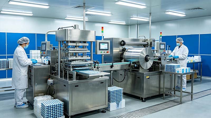 Flat plate blister packaging machine forming station detail