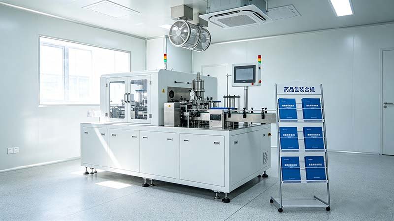 A white pharmaceutical blister packing machine in a sterile cleanroom beside a "Drug Packaging Compliance" documentation stand.