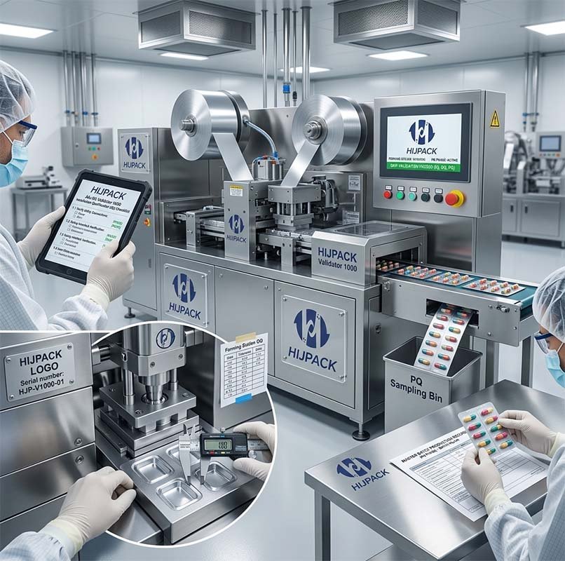 Technicians performing IQ, OQ, and PQ validation on a HIJPACK Alu-Alu blister machine using a digital tablet and manual measurements.