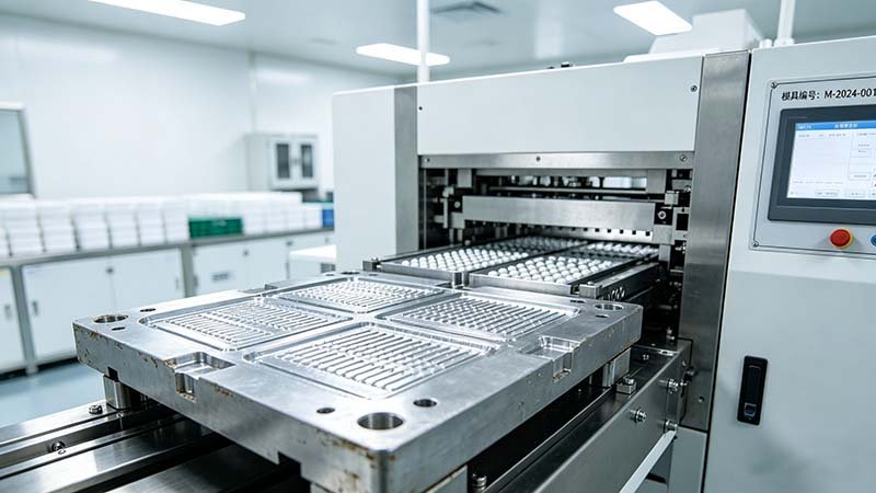 A close-up of a precision-engineered stainless steel mold, showcasing the intricate details that determine tablet blister tooling cost mold.